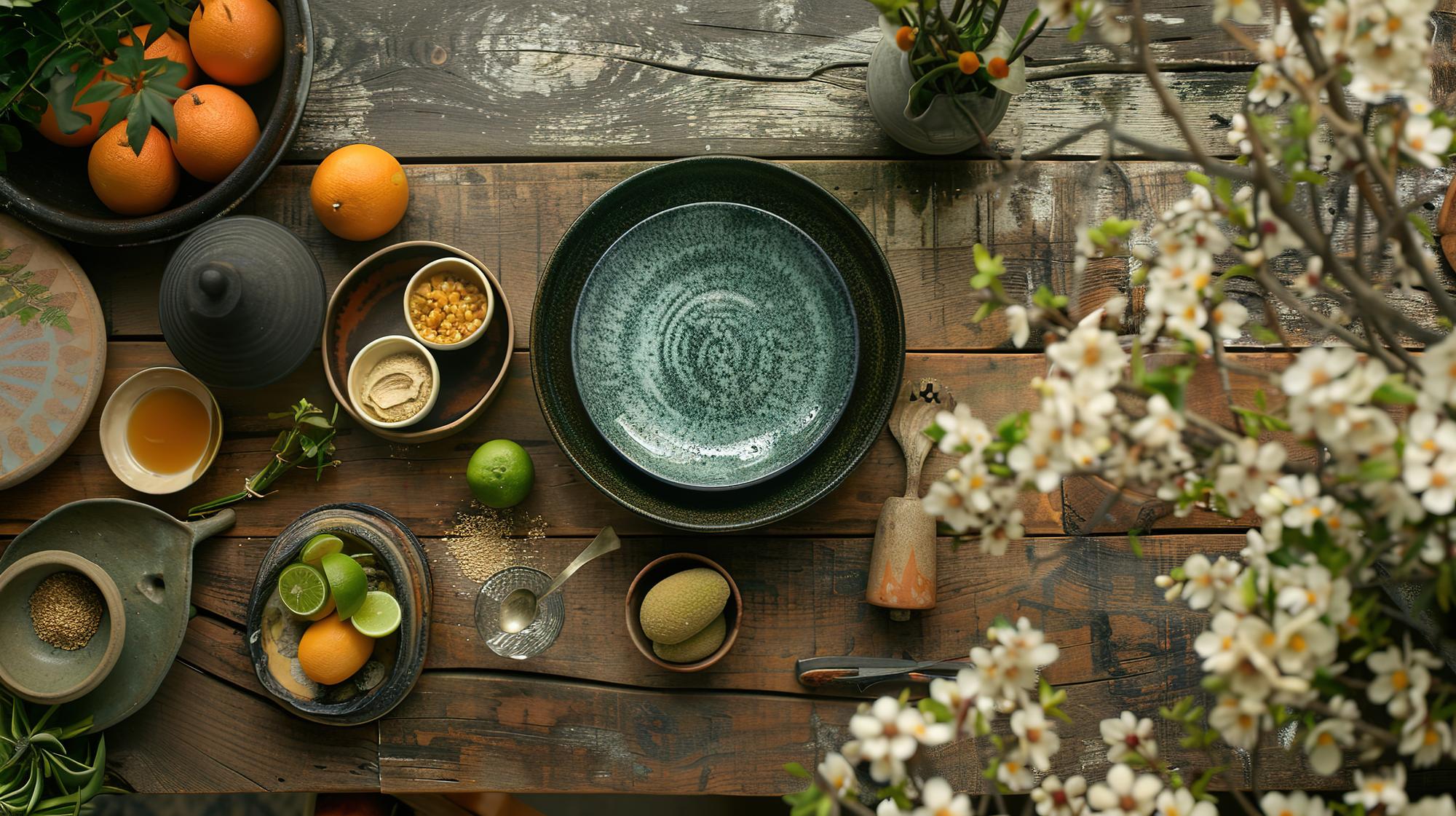 studio kitchen workspace with ceramic plates and herbs