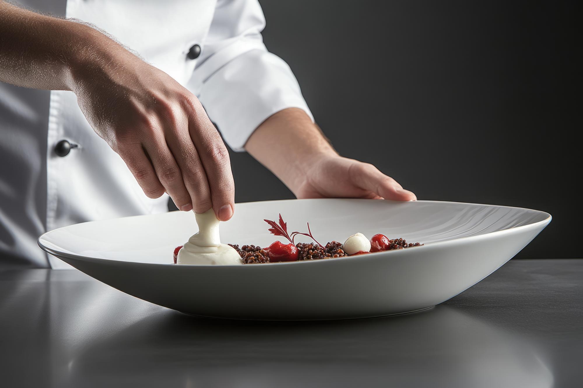 professional chef arranging plated dish in studio kitchen